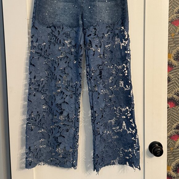 Micas Unique Floral Lace Overlay Denim Jeans - Picture 2 of 5